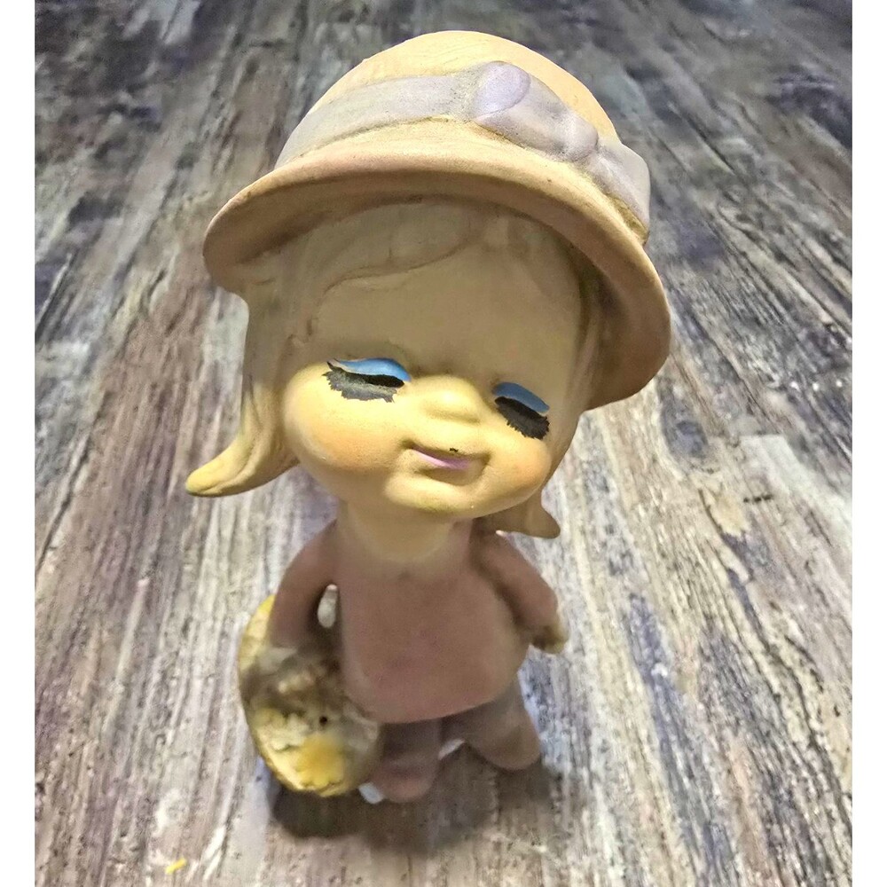 Vintage Japan Ceramic Girl Figurine with Hat & Basket Matte Finish 7.5 in